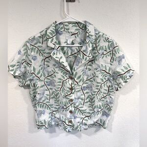 Cynthia Rowley Linen Button-Up Shirt Birds Novelty Print Size Small EUC